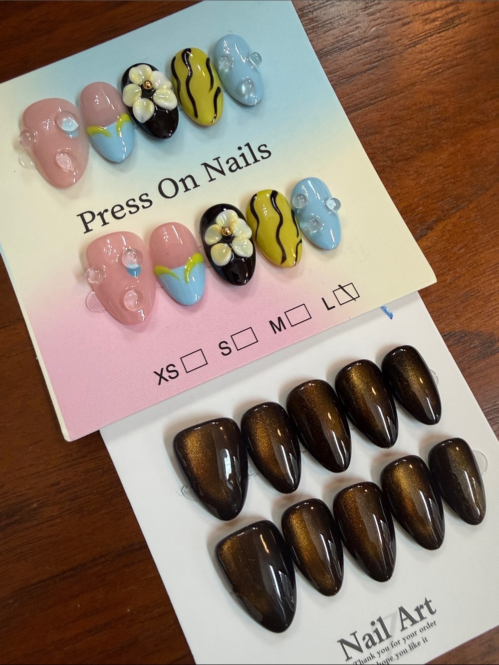3D Press On Nails Set with Pastel Floral & Shimmery Cat Eye